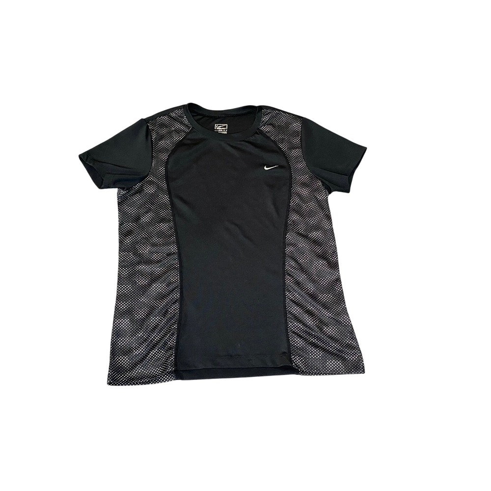 Nike Fit Dry Women Black White Dot Mesh Panel Activewear T-Shirt Size M